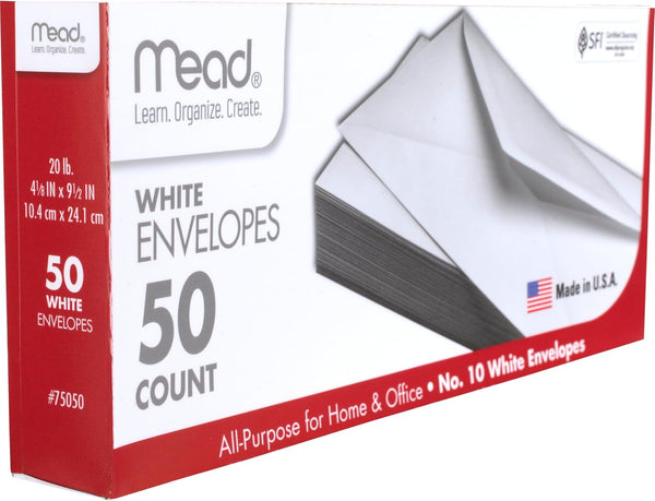 Mead 0 Envelopes, Letter Size, 4-1/8" x 9-1/2", Gummed Closure, White All-Purpose for Home & Office Mail, 50 Count (75050) Minimalist 1 Count