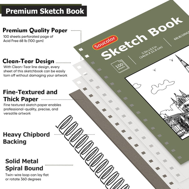 Soucolor Small Sketchbook 5.5" x 8.5", 2 Pack Mini White Sketch Book Blue & Gree