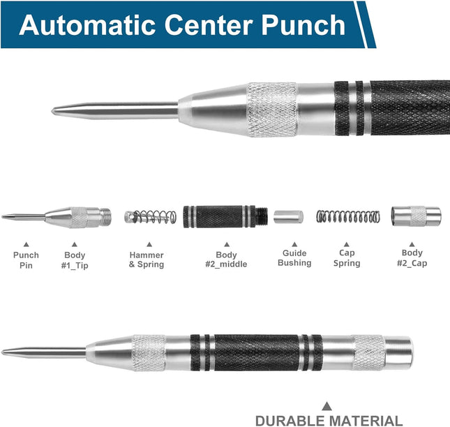 2Pcs Heavy Duty Automatic Center Punch, 5'' Premium Steel Spring Loaded Center Hole Punch, Adjustable Spring Impact Cent