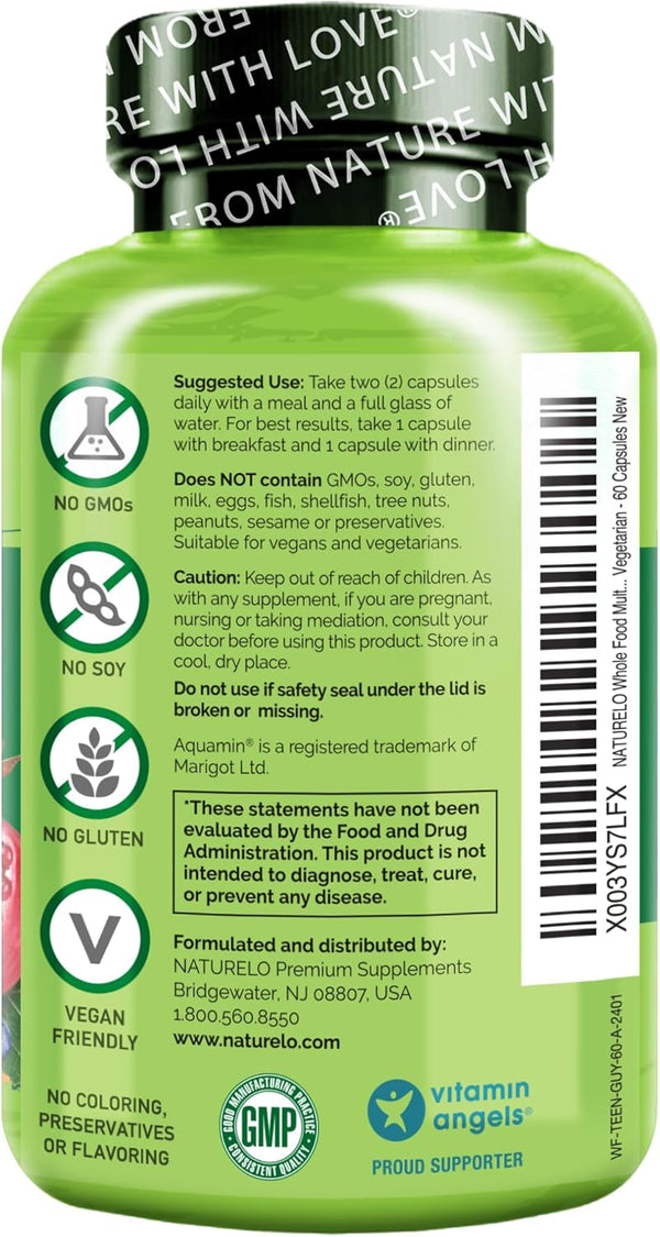 NATURELO Teen Multivitamin - Whole Food Multivitamin for Teenage Boys - Minerals Supplement for Active Kids - with Plant Extracts - Non-Gmo -