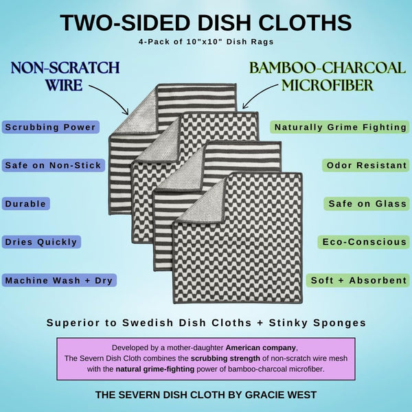Severn Dish Cloths for Washing Dishes 4Pk. No-Smell Dish Rags with Non-Scratch Wire Scrubber Side for Kitchen Cleaning. Grime-Fighting