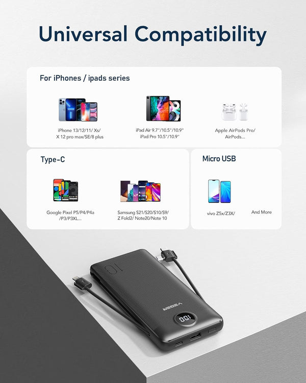 VEGER Portable Charger for Iphone Built in Cables and Wall Plug, 10000Mah Slim Fast Charging USB C Power Bank, Travel Essential Battery Pack