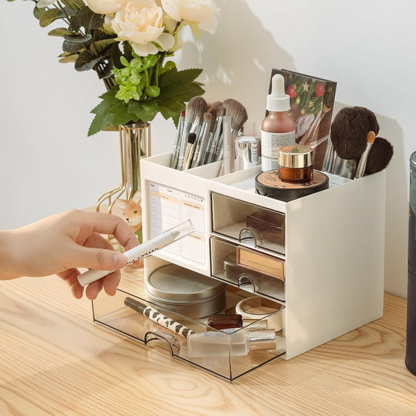 QIYVLOS Desk Organizer with 3 Drawer, Multi-Functional Pencil Pen Holder for Desk, Desk Organizers and Storage with 8 Compartments, Desktop