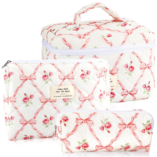 3Pcs Cotton Quilted Makeup Bag for Women Girls Large Small Travel Floral Cosmetic Bags Set Cute Coquette Pink Makeup Pou