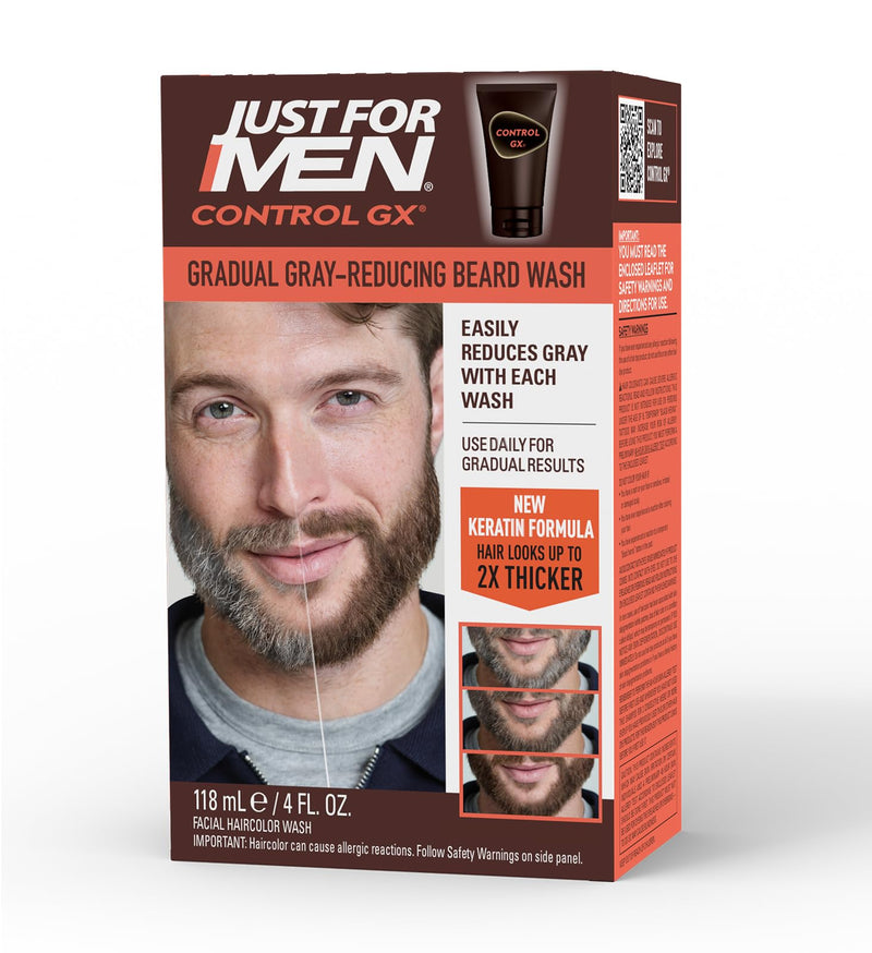 Just for Men Control GX Grey Reducing Beard Wash Shampoo with Keratin, Gradually Colors Mustache and Beard, Leaves Facial Hair Thicker Softer and