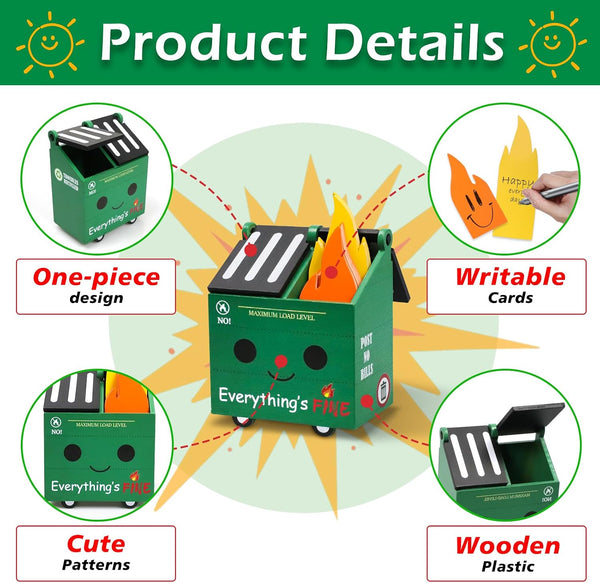 PUNICA Dumpster Fire Pencil Holder with 100 Pcs Flame Note Cards, Funny Office Desk Accessories Decor, Great Gifts for Coworkers Teacher - Green