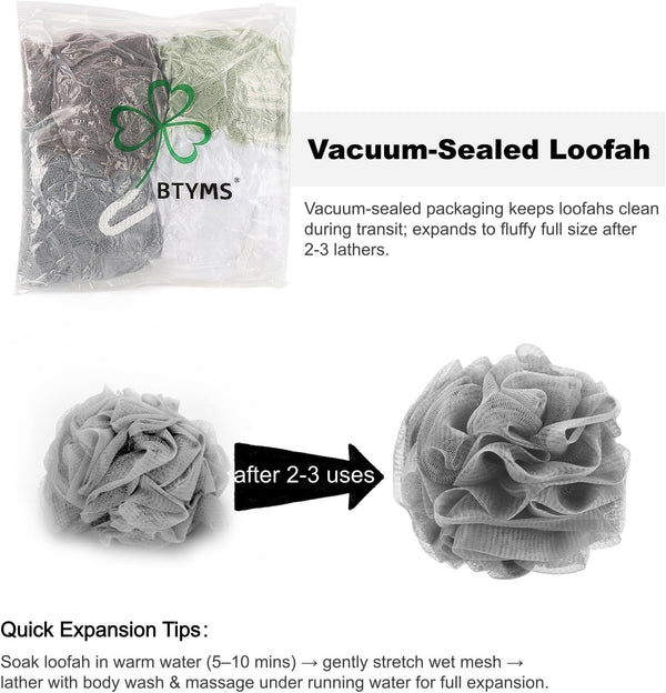 BTYMS Loofah Sponge 60 Gram Shower Pouf Bath Scrunchies Shower Puff Exfoliating Body Wash Scrubber Bath Puffs for Washing - Set of 4