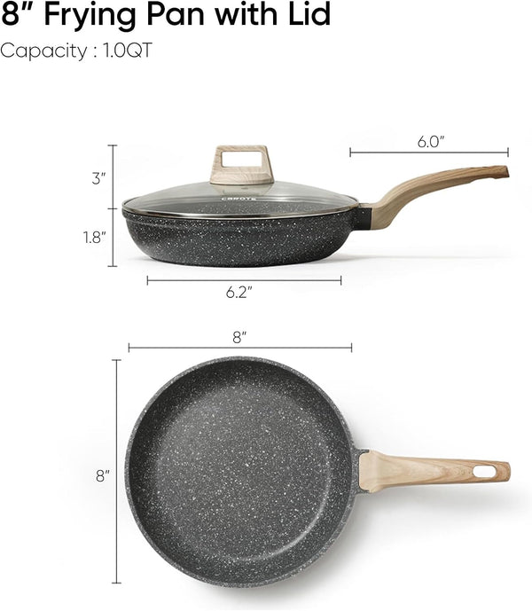 CAROTE Non Stick Frying Pan, 8 Inch Classic Granite Skillet with Glass Lid | Non Toxic Kitchen Cookware, Compatible with All Stovetop, PFOA Free
