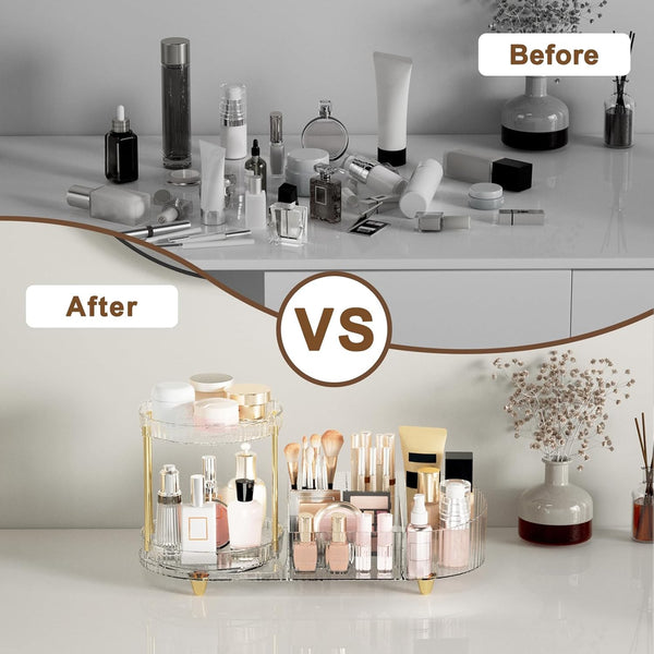 Makeup Organizer Countertop for Vanity, Rotating Perfume Tray with 5-Compartment Cosmetic and Skincare Organizers, Multi-Purpose Desk Storage
