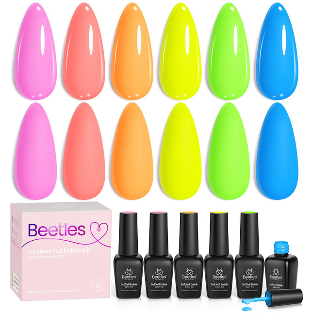 Beetles Neon Gel Nail Polish Set, Bright Rainbow Collection 6 Colors Hot Pink Bl