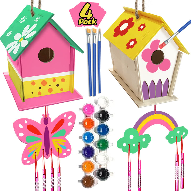 Crafts for Kids Ages 4-8 - 4 Pack DIY Bird House Wind Chime Kit - Build and Paint Birdhouses Wooden Arts Kits Easter Basket Stuffers Gifts for