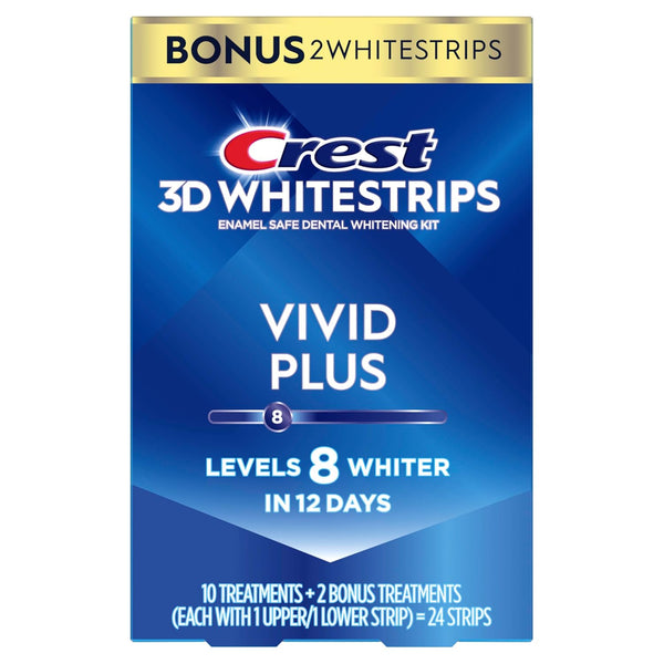 Crest 3Dwhitestrips Vivid plus Whitestrips 3D White, 10 Treatments + 1 Hour Express 2 Treatments Teeth Whitening Kit, 8 Levels Whiter, Crest Teeth