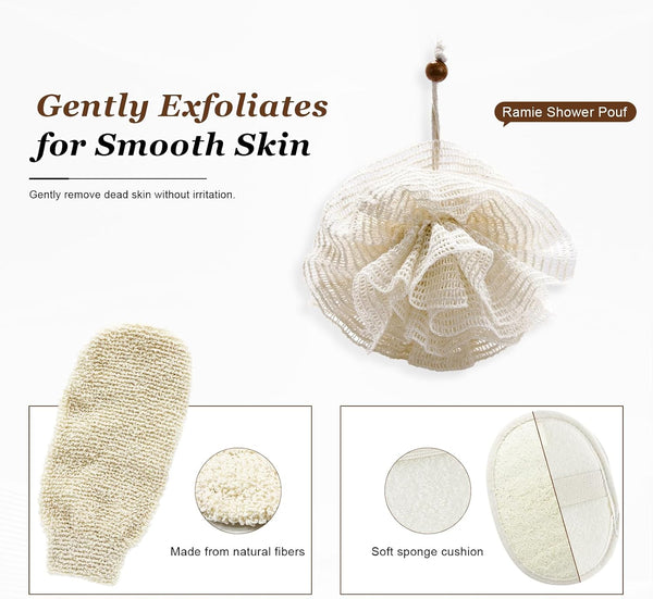 Natural Exfoliating Shower Gloves and Loofah Sponge Set, Gentle Body Scrubber Mitts with Hemp Fiber for Women and Men, 3-Pack Bath Accessories