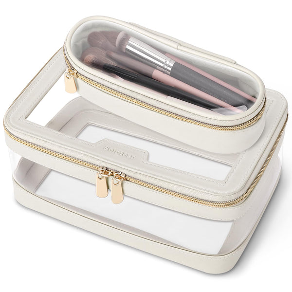Travel Clear Makeup Bag with Makeup Brush Bag, Leather Make up Case Toiletry Bag, Portable Cosmetic Bag Case, Transparent Waterproof Cosmetic