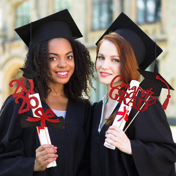 20 PCS Graduation Decorations Class of 2025, Black and Red Double-Sided Centerpieces, Grad Cap Sticks, Table Toppers, Graduation Party Decorations