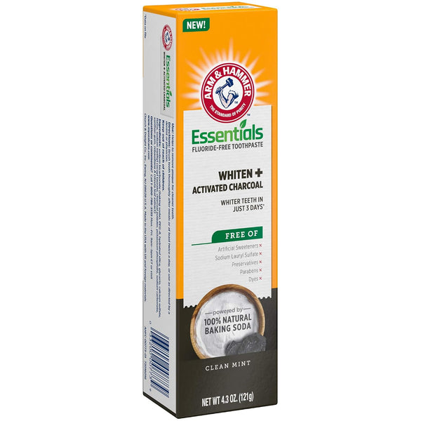 ARM & HAMMER Essentials Fluoride-Free Toothpaste, Whitening + Activated Charcoal Toothpaste, 4 Pack of 4.3oz Tubes, Clean Mint, 100% Natural