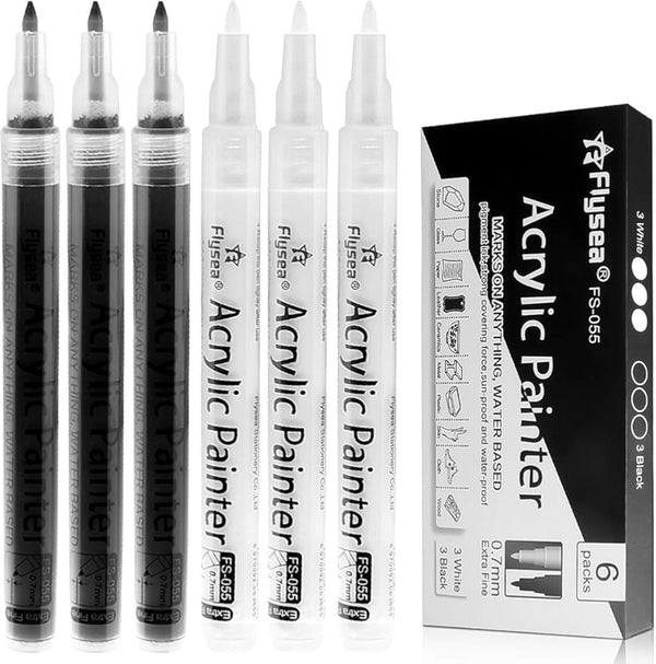 Black Paint Pens, 6 Pack 0.7Mm Acrylic Black Permanent Marker ,White Paint Pens for Rock Painting, Stone,Wood, Plastic, Ceramic, Glass, Metal
