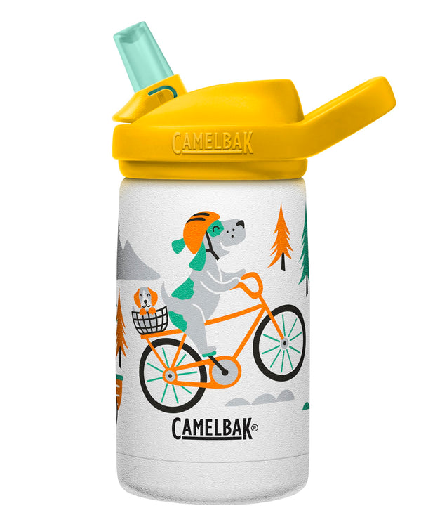 CamelBak Eddy+ Kids Insulated Stainless Steel Water Bottle with Bite Valve Straw, Leak‑Resistant Design for Everyday Hydration, 12oz, Biking Dogs