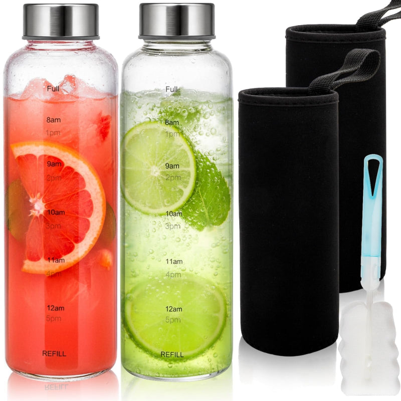 Pumtus 2 Pack Glass Water Bottles With Time Marker, 18 OZ Motivational Water Bottle with Non-slip Sleeve, Beverage Bottles with Hydrating