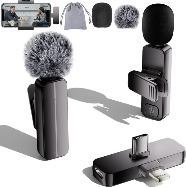 2-Pack Wireless Mini Lavalier Lapel Microphone for iPhone,iPad(Lightning) - 65ft Cordless Clip on Dual Mics with Noise Reduction 6H Working Time