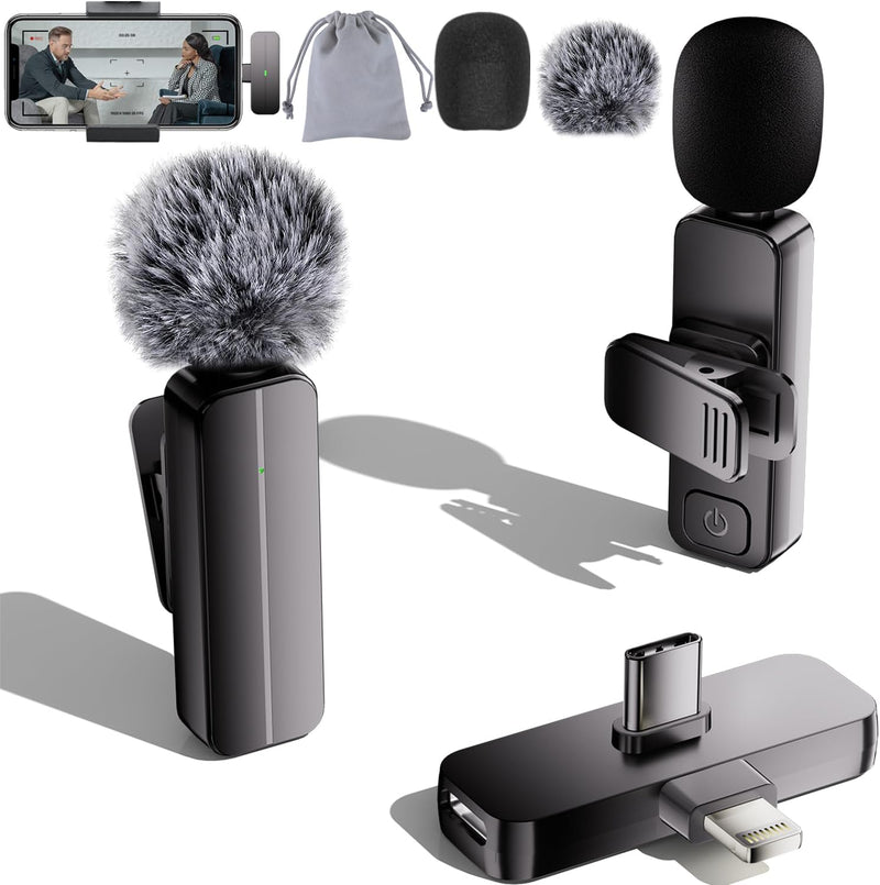 2-Pack Wireless Mini Lavalier Lapel Microphone for iPhone,iPad(Lightning) - 65ft Cordless Clip on Dual Mics with Noise Reduction 6H Working Time