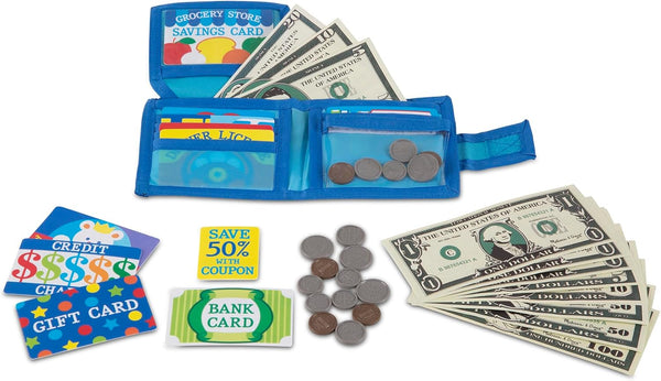 Melissa & Doug Pretend-to-Spend Toy Wallet With Play Money and Cards (45 pcs), Blue - FSC Certified
