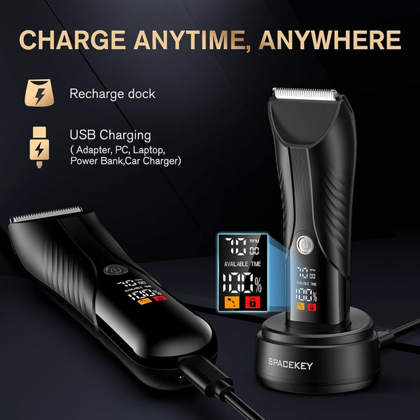 Spacekey Electric Body Hair Trimmer - IPX7 Waterproof Ball Trimmer for Men with LED Light, Wet/Dry Groomer, USB-C Rechargeable, Travel Bag