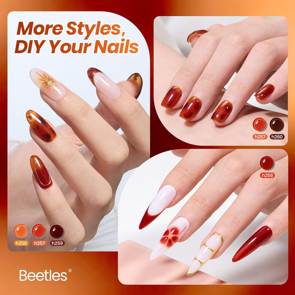 Beetles Jelly Tortoise Fall Nail Gel Polish Set 6 Transparent Fall Colors | Brown Amber Orange Carame Dark Red Pumpkin Gel Nail Polish Soak Off UV
