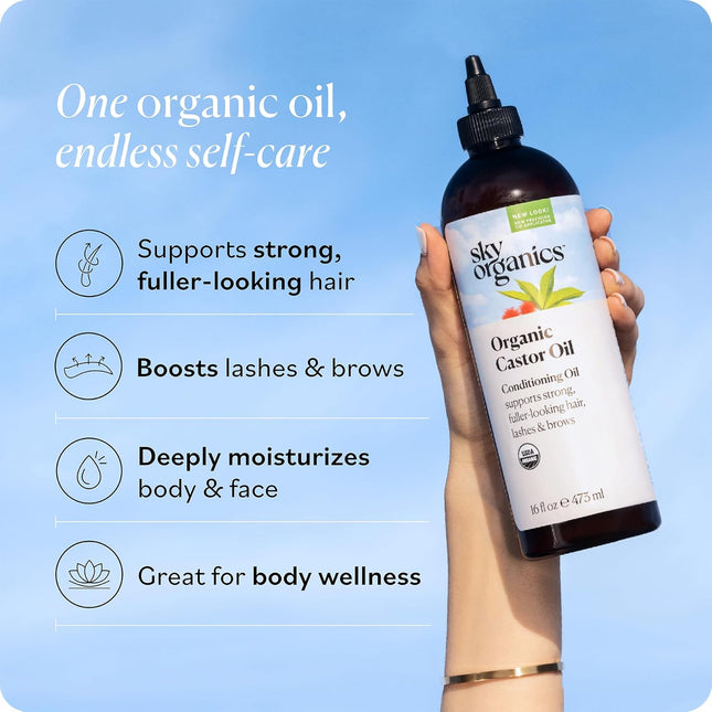 Sky Organics Castor Oil - USDA Certified Organic Hair Oil for Hair Growth, Skin, Face, Eyelashes - Cold Pressed & Hexane