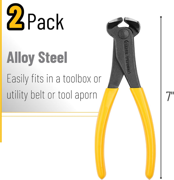 Bates Nail Puller and Staple Remover - Yellow, 2 Pack, Carpenter Tool, End Cutting Pliers, Nippers for Nail Pulling 7", 2 Pack Yellow