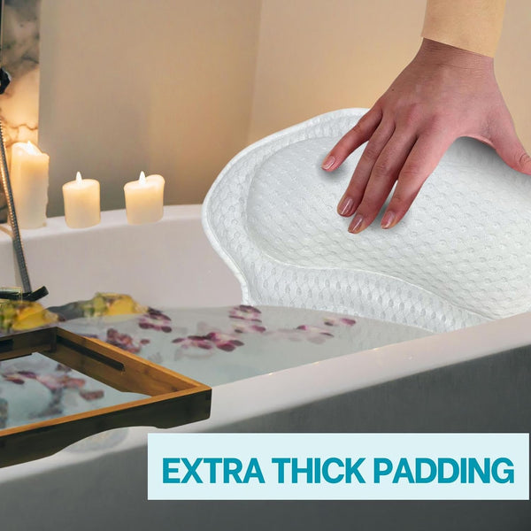 4D Bath Pillow with 6 Strong Non-Slip Suction Cups, Wooven Handle Bag, Loofah, Shower Cap, Foot Filer, and Laundry Bag - Luxury Bathtub Pillow -