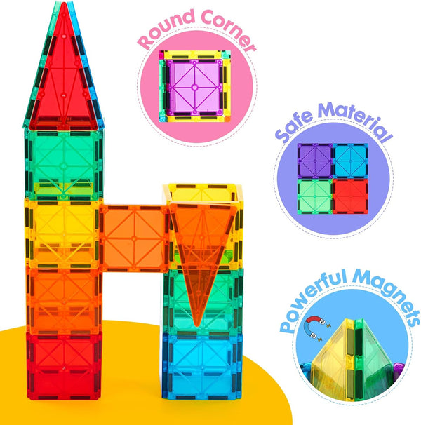 Gemmicc 100 PCS Magnetic Tiles with 2 Cars, STEM Approved Educational Magnet BuildingToys, Magnet Puzzles Stacking Blocks for Boys Girls