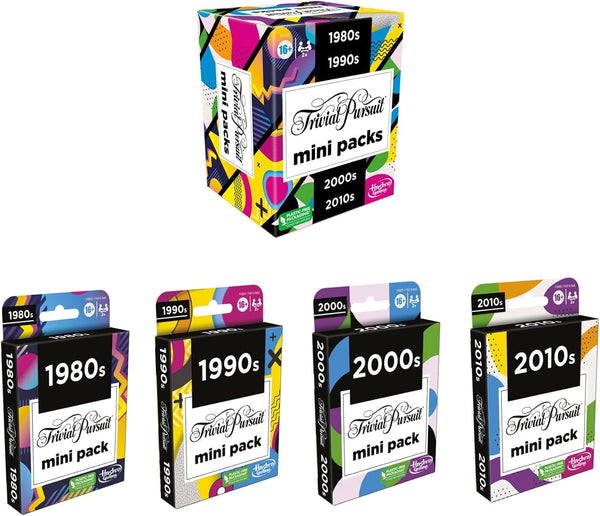 Hasbro Games Trivial Pursuit Mini Packs Multipack, Fun Trivia Questions for Adults and Teens Ages 16+, Includes 4 Game Featuring 4 Decades
