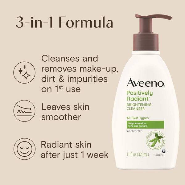 Aveeno Positively Radiant Brightening Facial Cleanser with Moisture Rich Soy Extract, Helps Even Skin Tone & Texture While Gently Lifting Away