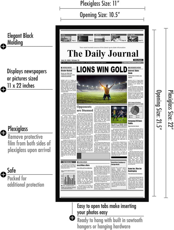 Americanflat 11x22 Newspaper Frame with Polished Plexiglass - Display for Assorted Media Articles - Signature Collection - Modern Picture Frame