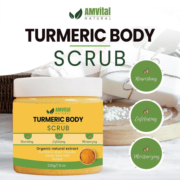 AMVital Turmeric Body Scrub, Face & Body Exfoliating Scrub, 7.8 oz | Weekly polish step • Shower skincare routine • Soft refreshed feel