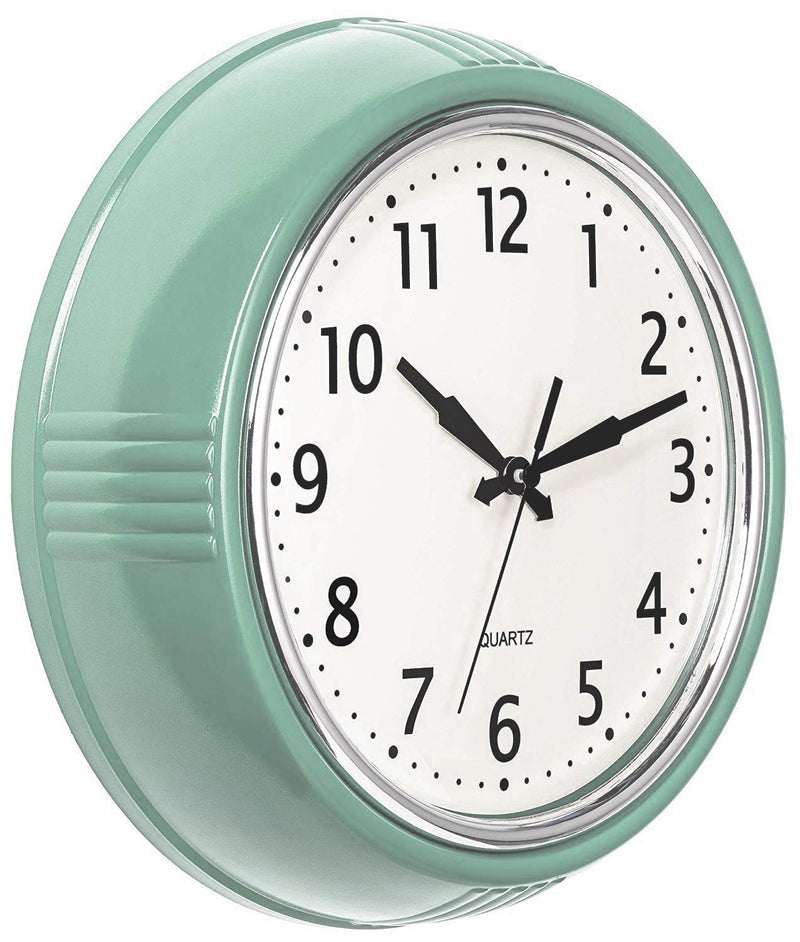 Bernhard Products Retro Wall Clock 9.5 Inch Green Kitchen 50's Vintage Design Round Silent Non Ticking Battery Operated Quality Quartz Clock