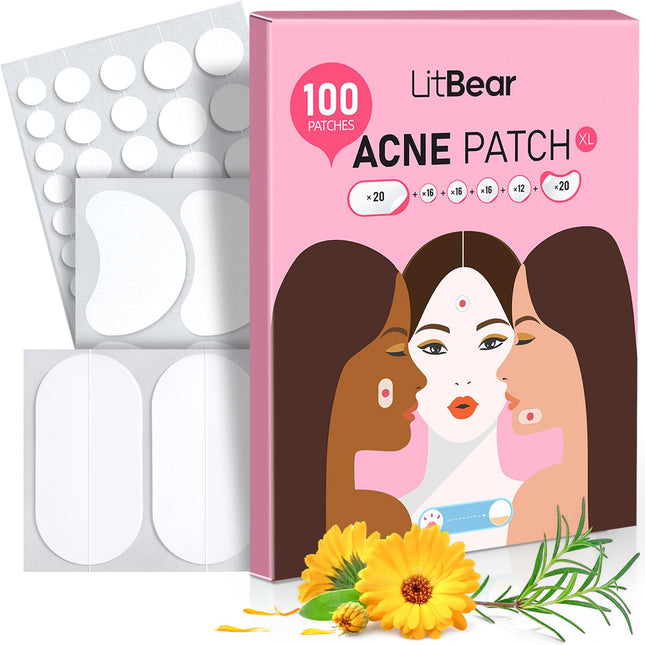 Litbear Large Acne Pimple Patches, 6 Sizes 100 Patches for Large Breakouts, Acne