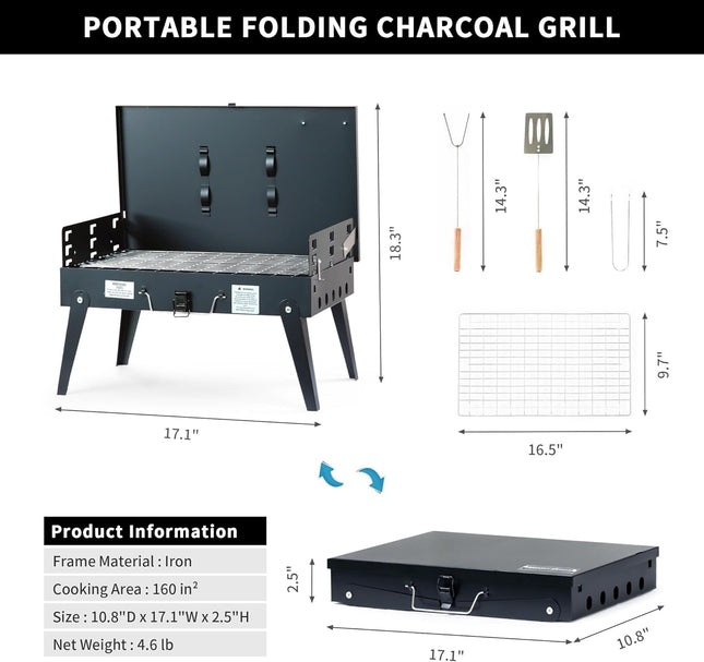 MASTER COOK Portable Charcoal Grill, Foldable BBQ Grill Kit Easy to Carry, Mini 