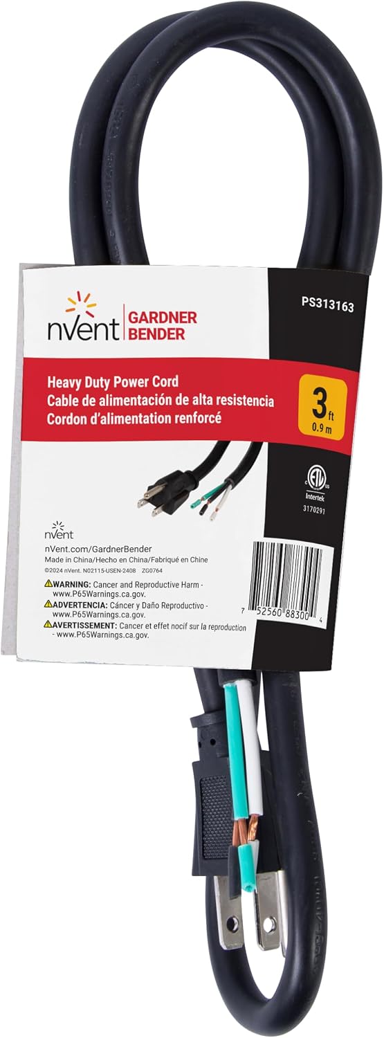 nVent Gardner Bender PS313163 3-Wire Appliance and Power Tool Cord, 3 ft, 16 AWG, 13A/125V AC, 1625W, Heavy Duty Replacement Power Cable, Grounded