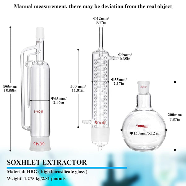 MXBAOHENG 1000Ml Soxhlet Extractor Kit Soxhlet Extraction Apparatus with 60/45 Graham Condenser, Flat Bottom Flask 29/32 Joint, Extractor Tube Lab