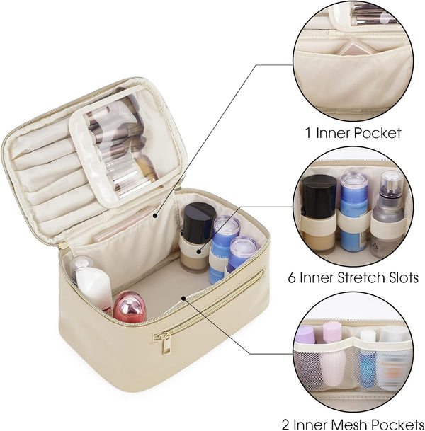 Wandering Nature Makeup Bag, Travel Make up Organizer Cosmetic Brush Bags Case for Women in Vegan Leather, Beige,Patent Pending