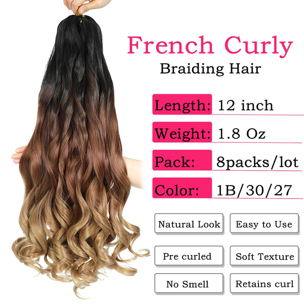 French Curly Braiding Hair 12 Inch 8 Packs - Pre Stretched Bouncy Braiding Hair- Loose Wavy Synthetic Hair Extensions For Black Women (12 inch 8