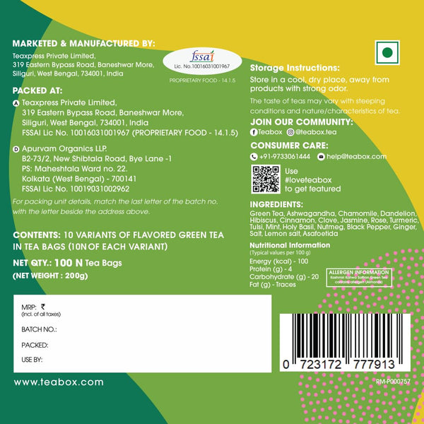 Teabox Green Tea Sampler Bags | 100% Natural I Immunity Boosting Sampler Pack | USDA Certified Organic Green Tea (100 Count (Pack of 1))