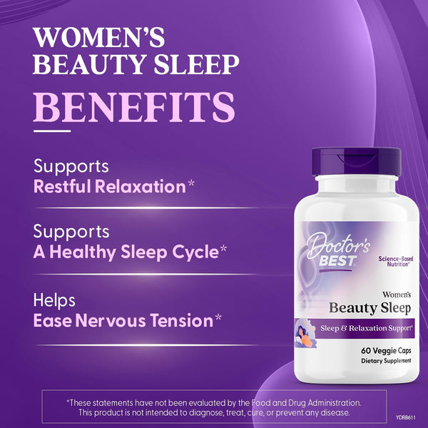 Doctor'S Best Womens Beauty Sleep with Magnesium, Theanine, Melatonin, Sleep & Relaxation Support, Non-Gmo, Gluten Free, Soy Free, Vegan 60 Veggie