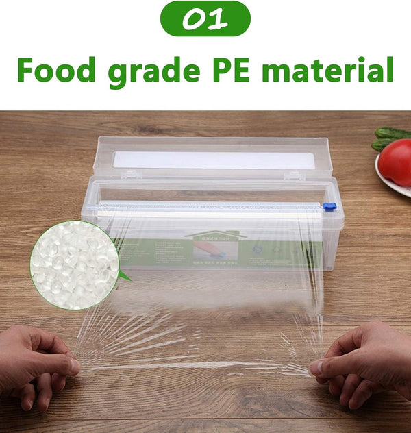 Household Reusable Refillable Plastic Wrap Dispenser with Slide Cutter, Food Wrap Stretch Clear Cling Wrap 12 Inch×328 Ft (1Cutting Box + 1 Cling