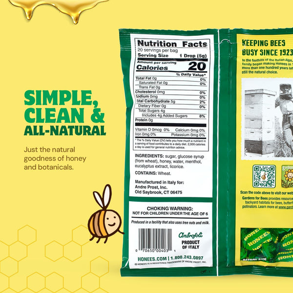 Honees Honey Menthol Cough Drops - 20-Piece, Single Pack Honey-Filled Lozenges | Temporary Relief from Cough | Soothes Sore Throat | All Natural
