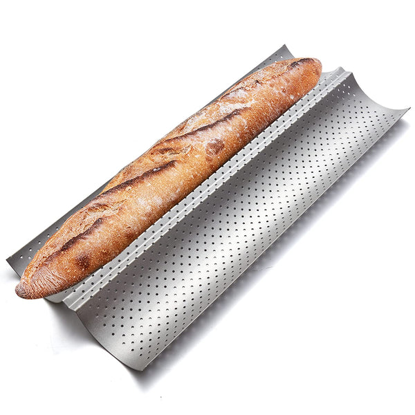 KITESSENSU Nonstick Baguette Pans for French Bread Baking, Perforated 2 Loaves Baguettes Bakery Tray, 15" x 6.3", Silver Bright Silver 2Loaf 15" x