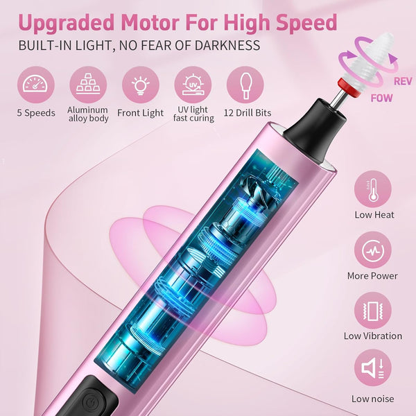 Cordless Nail Drill Electric File with UV Nail Lamp: Professional for Acrylic Gel Dip Powder Nails Portable Nail Drill Machine Kit for Manicure