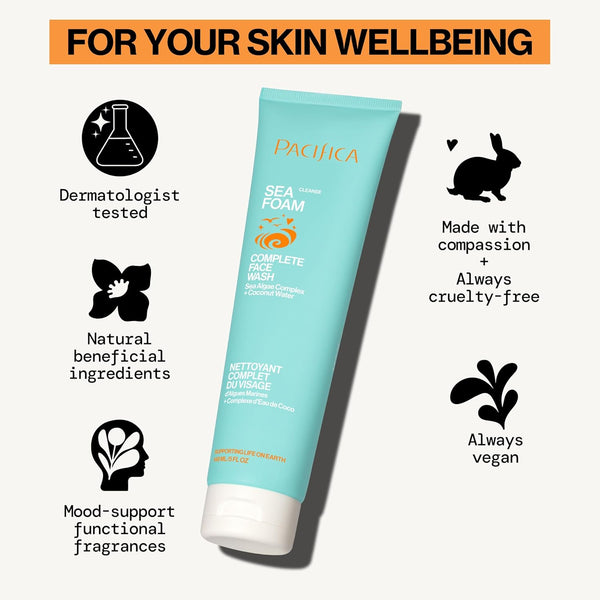 Pacifica Beauty Sea Foam Face Cleanser, Daily Gentle Foaming Face Wash, with Coconut Water + Sea Algae Complex, Removes Makeup, for Combination